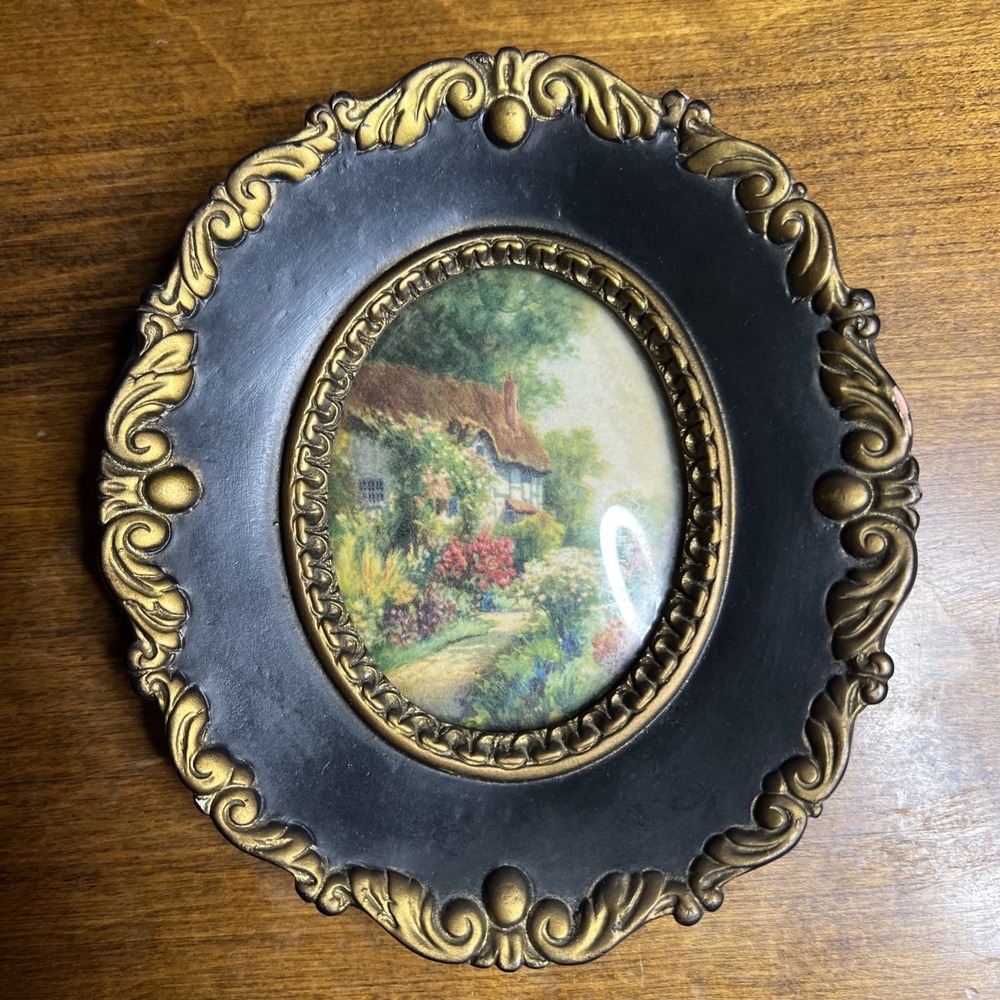 Vintage Oval Cottage Landscape Wall Plaque Convex Print Ornate Frame Decor